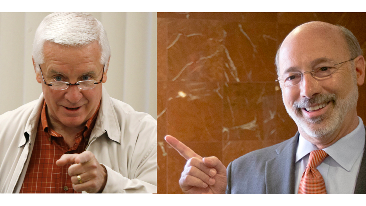  Pennsylvania Gov. Tom Corbett (left) and Pa. Democratic gubernatorial nominee Tom Wolf(NewsWorks Image/AP Photos by Keith Srakocic and Matt Rourke) 
