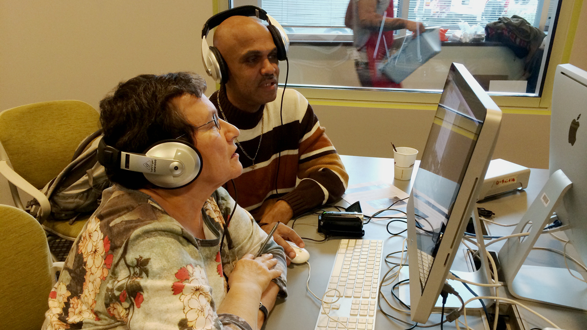  Robert Martin and Berta Britz work on a film about people in recovery during a workshop hosted by OC87 Recovery Diaries at WHYY. (Image courtesy of Glenn Holsten) 