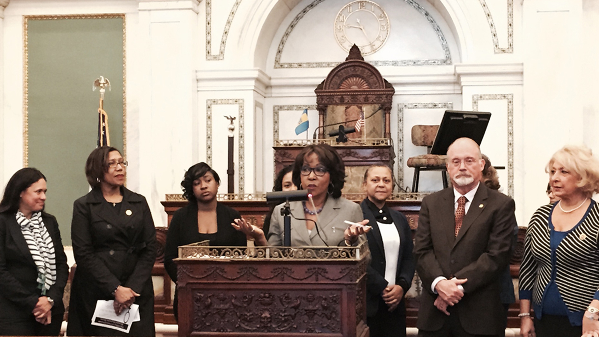  Councilwoman at large Blondell Reynolds Brown leading the charge today at city hall for the adoption of a Commission for Women in the May 19 Primary election. Reynolds Brown said the commission would promote civic, education and economic policies for women. (Steve Trader/WHYY) 
