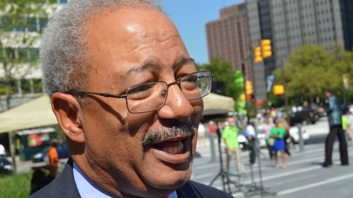  Philadelphia Congressman Chaka Fattah denies any wrongdoing while at the Dilworth Park ribbon-cutting ceremony Thursday. (Tom MacDonald/WHYY) 
