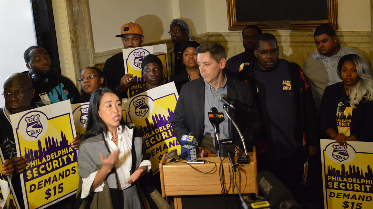 Philadelphia City Councilwoman Helen Gym and Gabe Morgan of the Service Employees International Union (Tom MacDonald/WHYY)