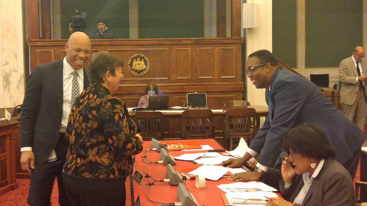  School superintendent William Hite (from left), School Reform Commission chairwoman Marjorie Neff, Council President Darryl Clarke and Councilwoman Jannie Blackwell talk over the problems faced by the district. (Tom MacDonals/WHYY) 