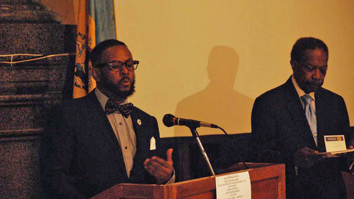 Councilman Curtis Jones and David Fattah of the House of Umoja talk about the Million Father March (Tom MacDonald/WHYY)