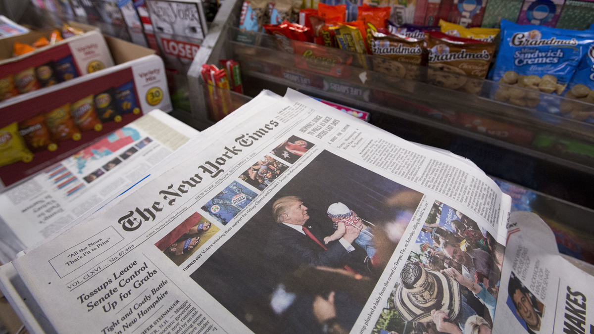 Page one of The New York Times features President-elect Donald Trump's victory