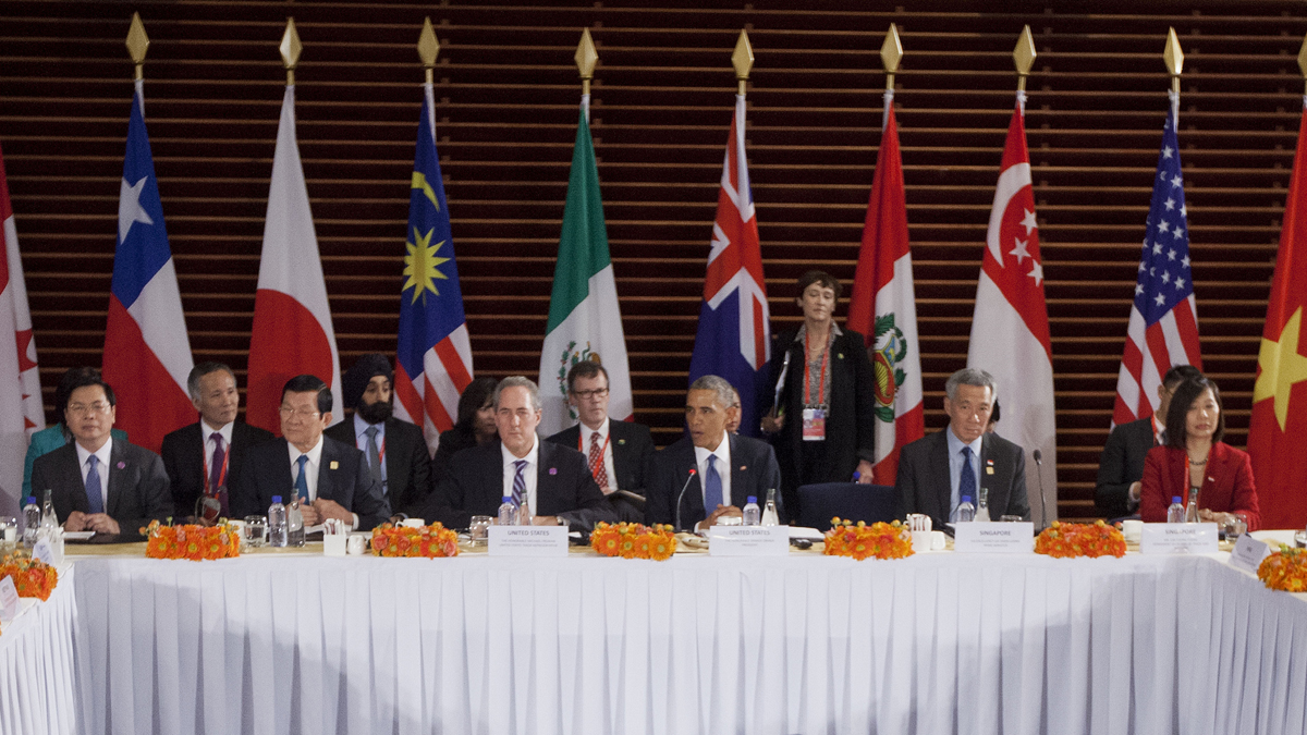  In this Nov. 10, 2014 file photo, President Barack Obama, center, speaks during a meeting with leaders of the Trans-Pacific Partnership countries, in Beijing. From left: Vietnam Minister of Industry and Trade Vu Hoy Hoang, Vietnam Prime Minister Nguyen Tan Dung, U.S. Trade Representative Ambassador Mike Froman, Singapore Prime Minister Lee Hsien Loong, and Singapore Sec. of Ministry of Trade and Industry Ow Foong Pheng. (AP Photo/Pablo Martinez Monsivais, File) 