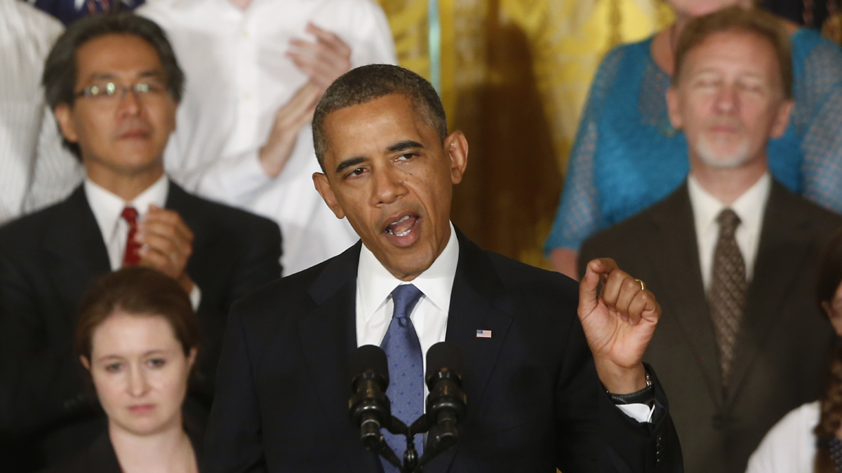  President Barack Obama is shown on July 18, 2013, touting the Affordable Care Act. (AP Photo/Charles Dharapak, file) 