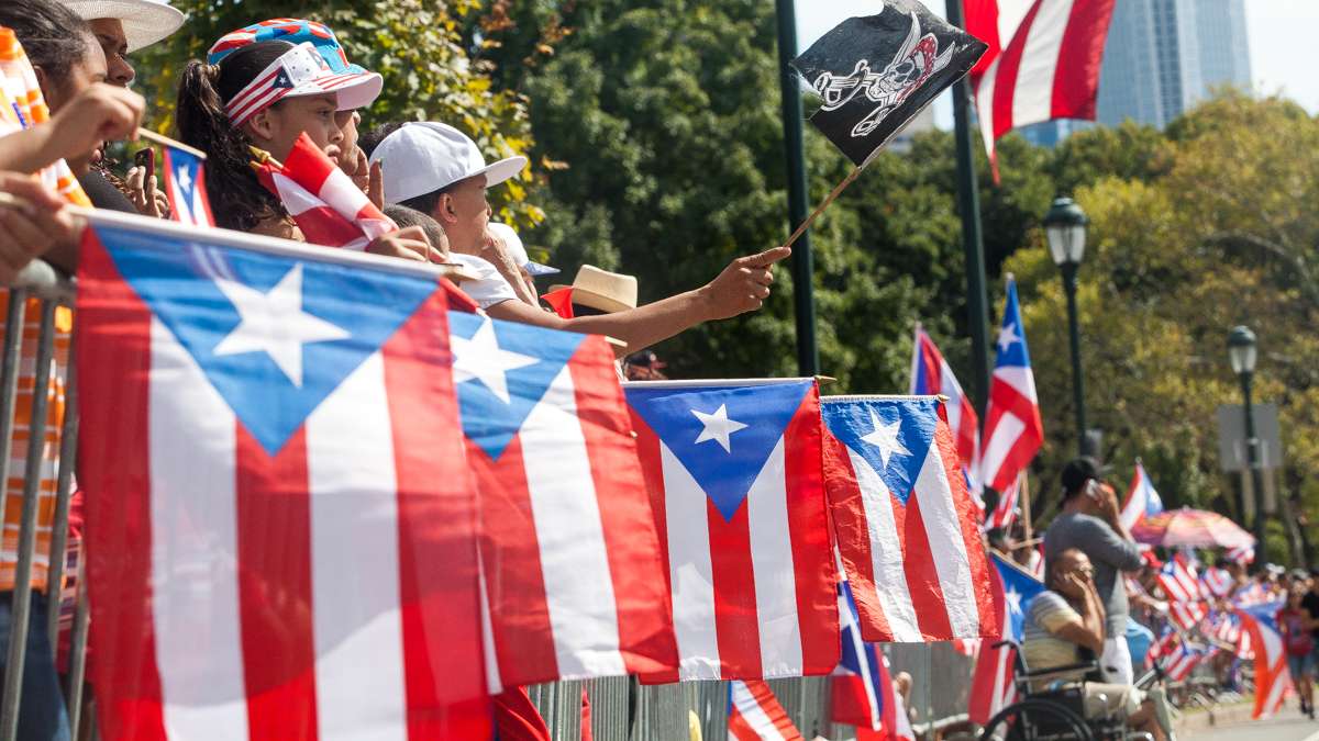 Specators hold Puerto Rican flags on the Ben Franklin Parkway during the 2014 Puerto Rican Day Parade in Philadelphia. (Brad Larrison/for NewsWorks)