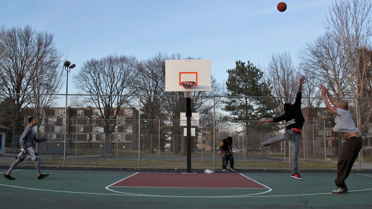 People play basketball at Enright Parklet