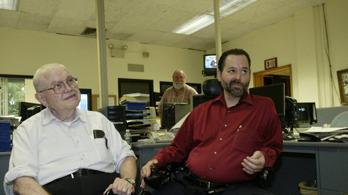  Peter Callas, (right), in the newsroom of the Times of Trenton with fellow editor Harry Blaze. (Photo courtesy of the Callas family) 