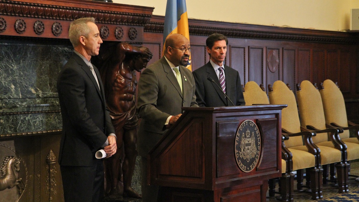  Philadelphia Mayor Michael Nutter announces earlier this year at City Hall that UIL Holdings Corp. of New Haven, Conn., plans to purchase PGW. (Kimberly Paynter/WHYY) 
