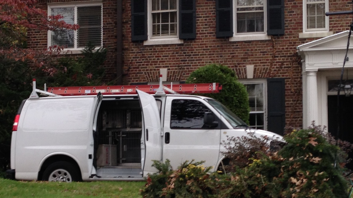  The PSPCA van outside the famed Grace Kelly house in East Falls. (Brian Hickey/WHYY) 