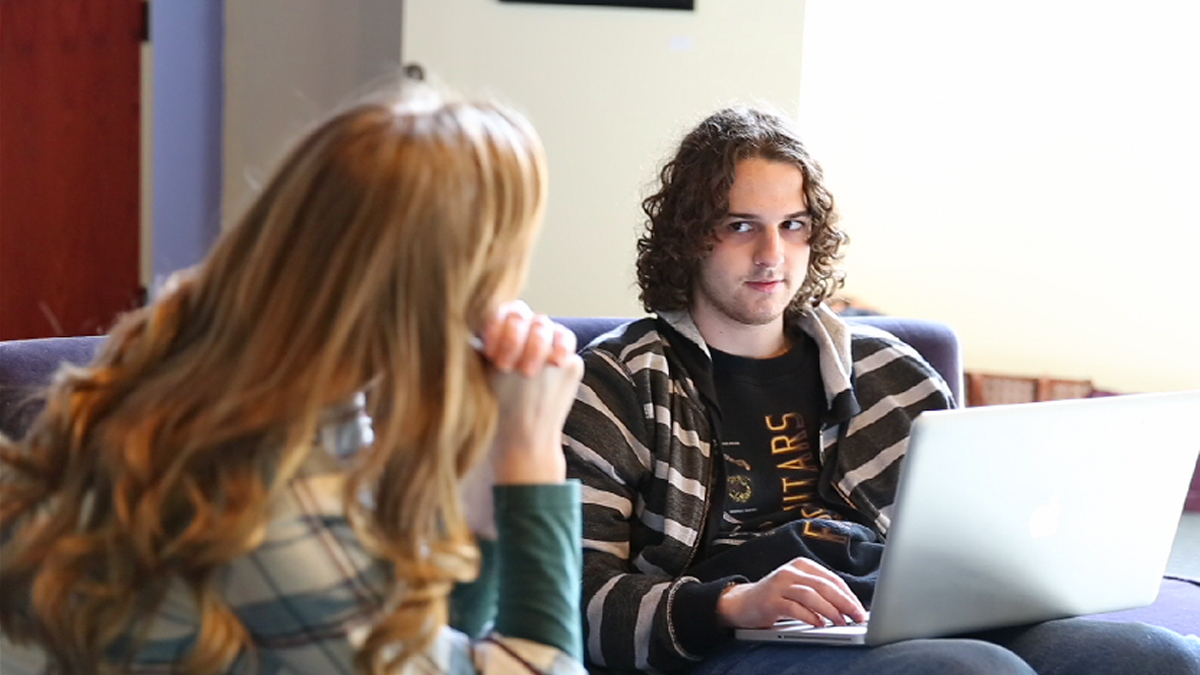 Jason Halberstadt (right) works with actor and teaching artist Clare O'Malley in a playwriting class for adults with autism at Theatre Horizon in Norristown