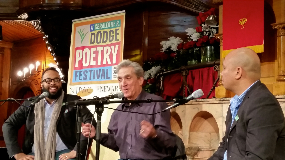  Poets (from left) Kevin Young, Robert Pinsky and Patrick Rosal speak about the intersection of American song and American poetry. (Peter Crimmins/WHYY) 