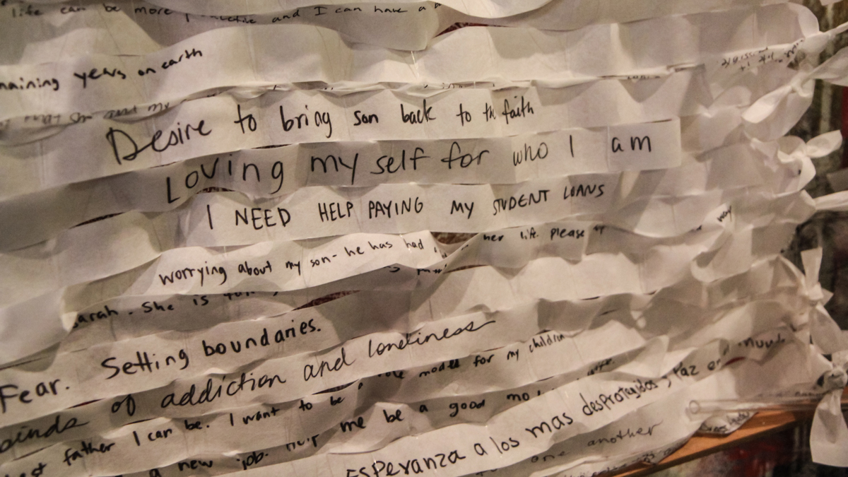 Tens of thousands of people submitted their wishes for the Pope-visit related sculpture by artist Meg Salesman. (Kimberly Paynter/WHYY)