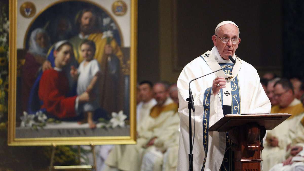   Pope Francis speaks during a Mass at Cathedral Basilica of Sts. Peter and Paul, Saturday, Sept. 26, 2015, in Philadelphia. (Julio Cortez/AP Photo)  