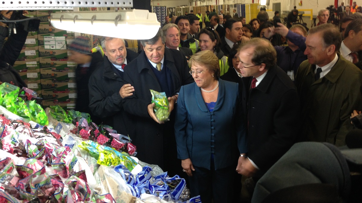  Chilean President Michelle Bachelet examines Chilean fruit during a visit to the Port of Wilmington. (Mark Eichmann/WHYY) 
