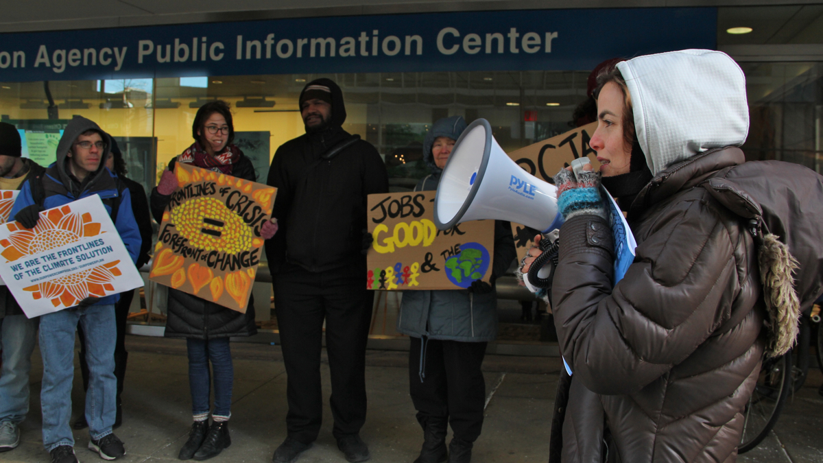  Demonstrators from the Climate Justice Alliance rally outside the Environmental Protection Agency in Center City. (Emma Lee/WHYY) 