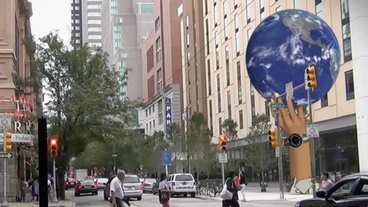  Hybrid form of interactive electronic LED advertising platform, known as an urban experiential display or UED.(Rendering via PlanPhilly) 