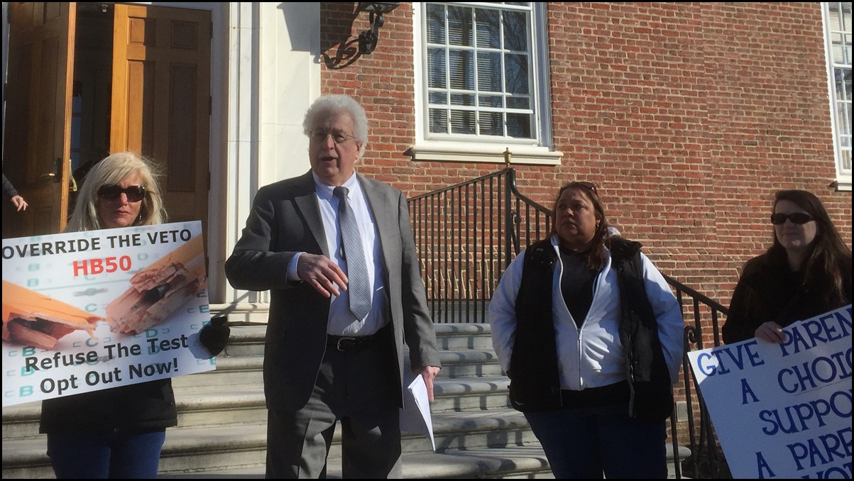  Rep. John Kowalko, D-Newark, joined parents and teachers to support an override of Gov. Markell's 