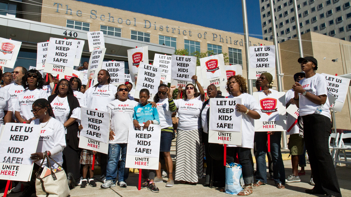  Unite Here! Fast for Safe Schools on the steps of the Philadelphia School District building. (Charlie Kaier/WHYY) 