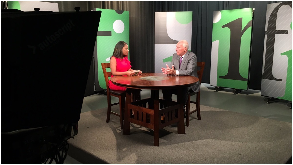 Democratic candidate for Wilmington Mayor Mike Purzycki talks with WHYY's Nichelle Polston in Wilmington.(Mark Eichmann/WHYY)
