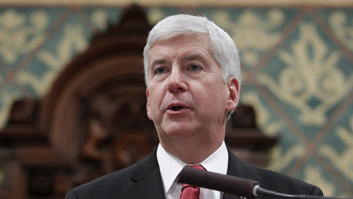  In Michigan Gov. Rick Snyder's 2016 State of the State address at the state Capitol in Lansing, he focused on Flint. (AP Photo/Al Goldis) 
