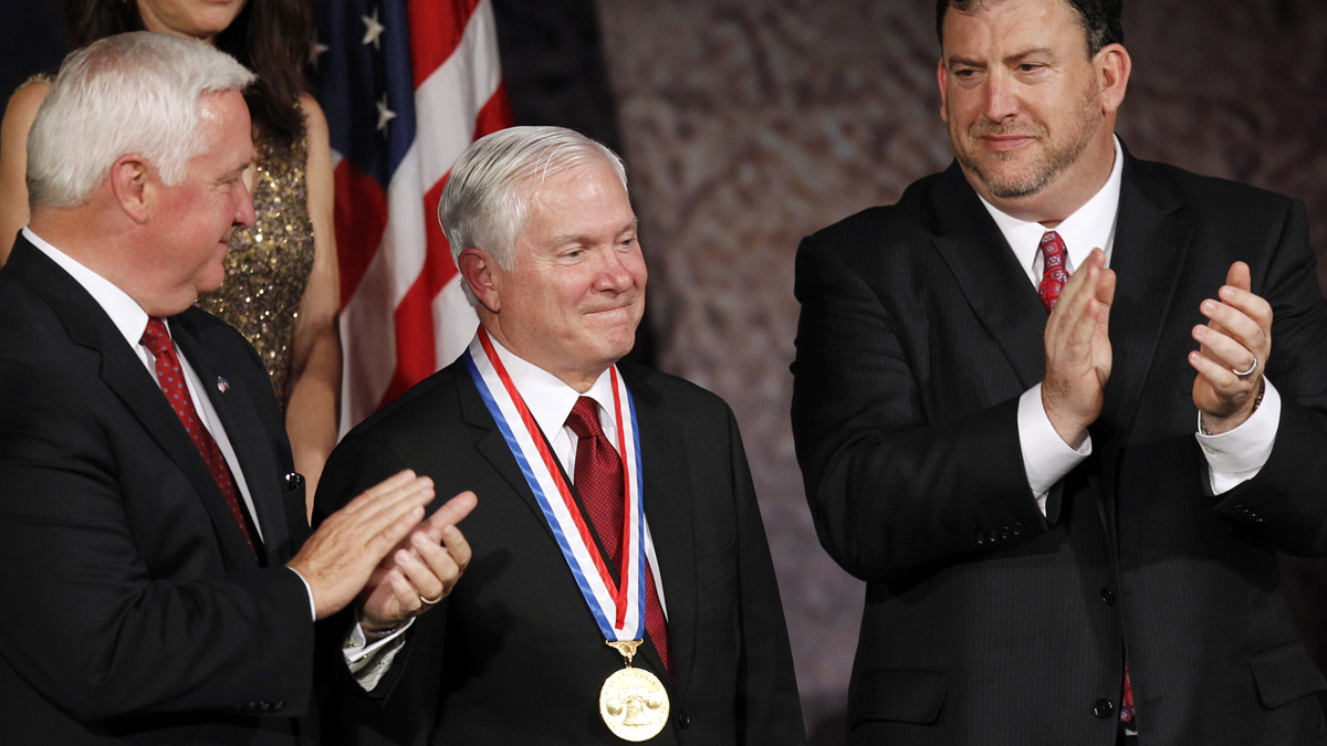 Former Secretary of Defense Robert Gates is shown receiving the Liberty Medal during a ceremony at the National Constitution Center in Philadelphia in 2011. (AP Photo/Alex Brandon