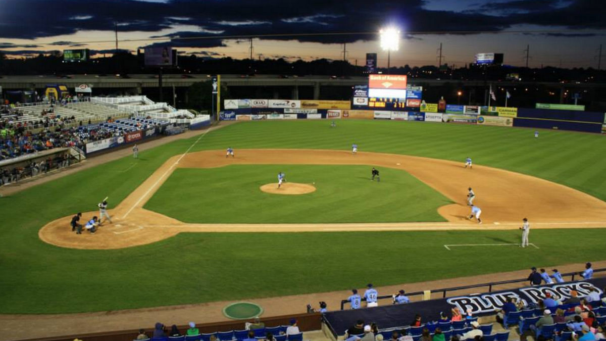 A view from the stands of the baseball field at Frawley Stadium.