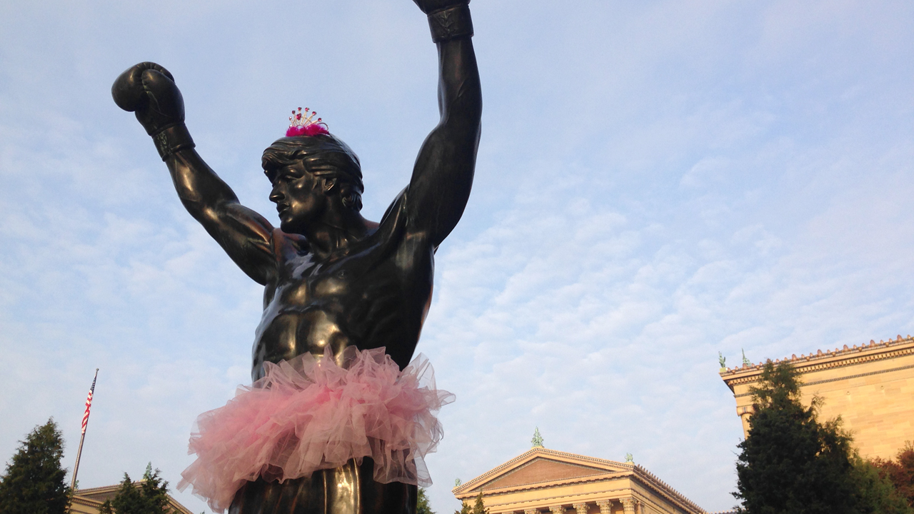  Someone dressed the famous Rocky Balboa statue with a tutu and tiara on October 31, 2013.  (Brian Hickey/WHYY) 
