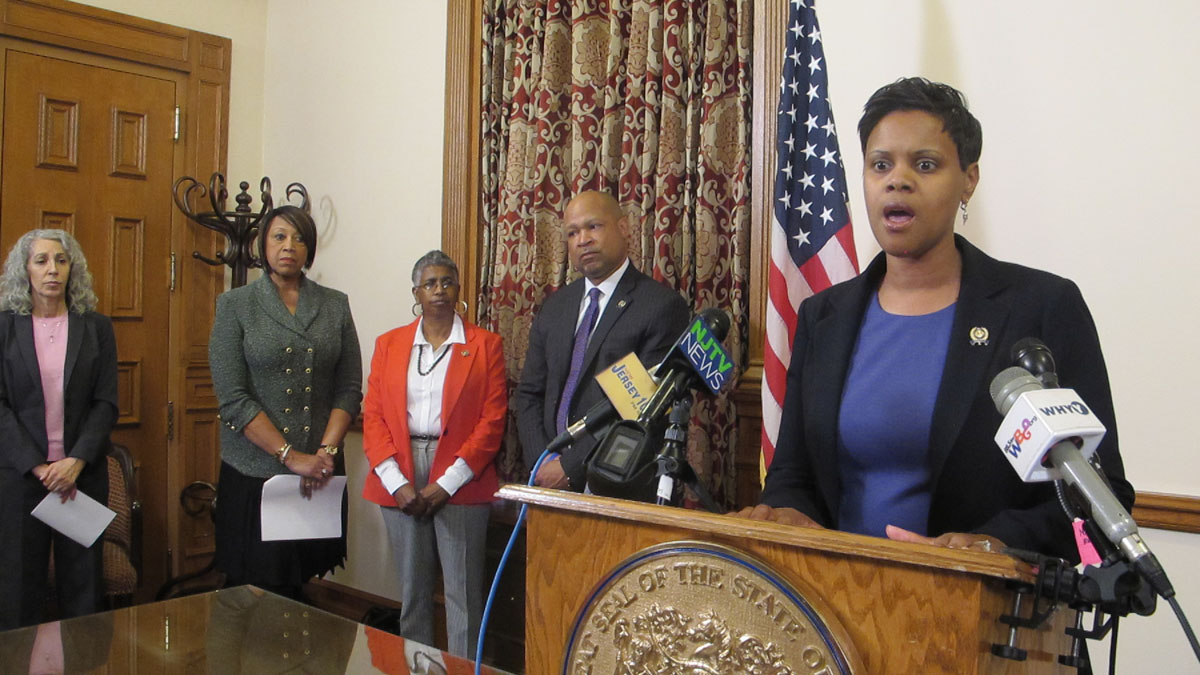New Jersey Assembly Democrats discuss their proposal to end the stat's authority to take over school districts. (Phil Gregory/WHYY)