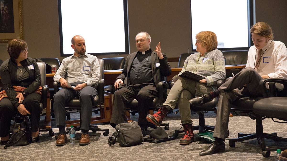  Fr. Michael Bellofiore II introduces himself and discusses his hopes and fears for Scranton, at the Keystone Crossroads forum. (Lindsay Lazarski/WHYY) 