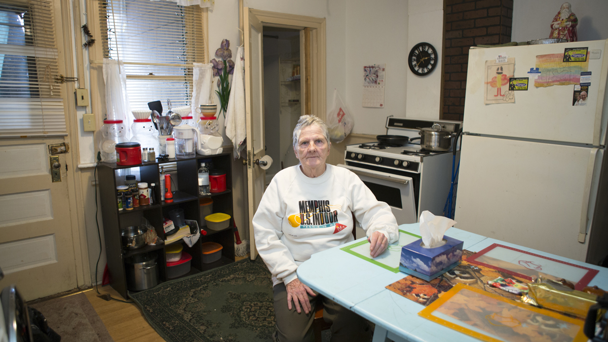  Mary Ney, turning 73 next month, moved to Scranton to be with family. She has been living in this one bedroom apartment for almost three years with her adult son, who she cares for because he has suffered brain damage.  Ney, a single mother of four, says ‘I don't like it. I have no faucet for my tub so I can't take baths. I turn the stove on for heat because the one heater in the living room isn't enough to heat the whole apartment.’ (Jessica Kourkounis/For Keystone Crossroads)  