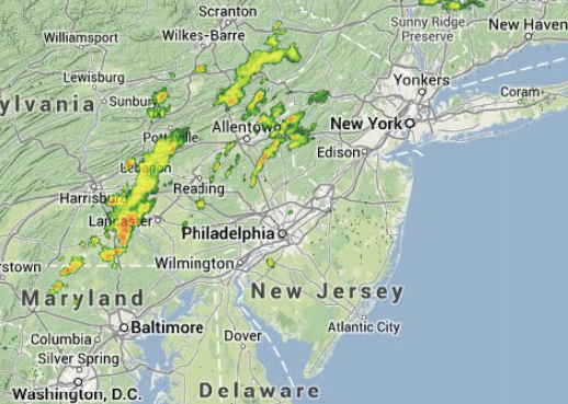  10:10 a.m. radar image. These showers and storms are heading generally east. More activity is expected to form ahead of a cold front.  