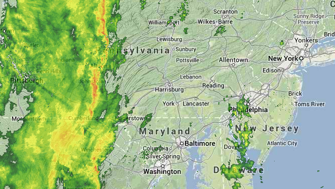  Radar imagery at 7:45 a.m. Monday, depicting rain and storms ahead of the approaching cold front. (Image: Weather Underground)  