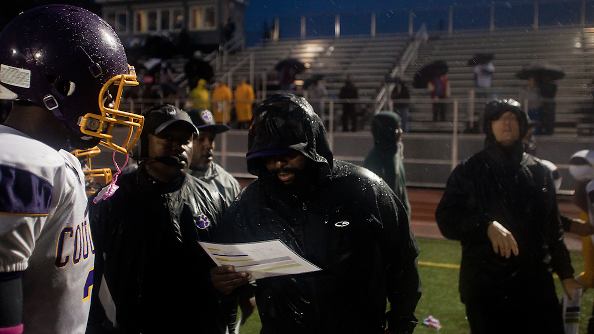  The MLK Cougars raised their season record to 5-2 with a rain-soaked victory over Boys Latin on Friday. (Brad Larrison/for NewsWorks) 