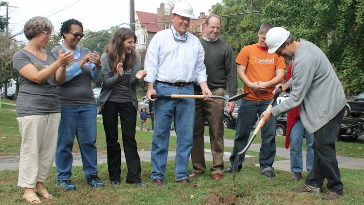  Ground was broken Saturday at Wayne Avenue and Harvey Street for the Waldorf School of Philadelphia's future site. (Matthew Grady/for NewsWorks) 