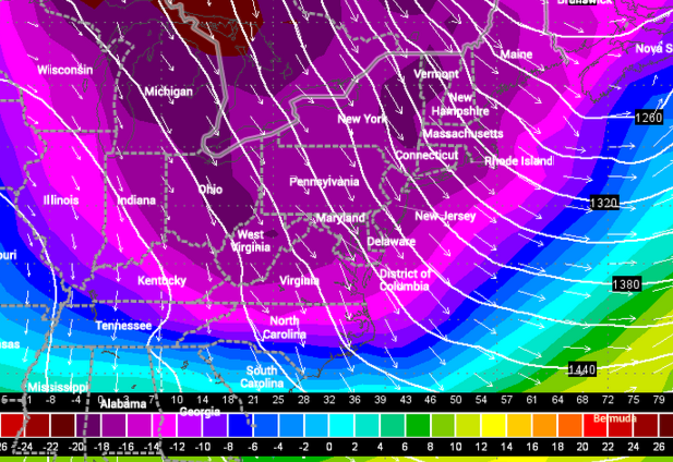  A northwest flow will deliver bitter Arctic air early Sunday through Monday. This is a GFS forecast model snapshot of temperatures about a mile above ground around sunrise Sunday.  