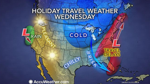  Travel days are possible along the Eastern Seaboard next Wednesday, the busiest travel day of the year. (Image: AccuWeather.com) 