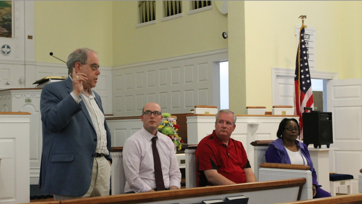  At Monday night's meeting (L-R) were Barnaby Wittels, Matt Wysong, John Grady and Rosalie Cooper. (Matt Grady/WHYY) 