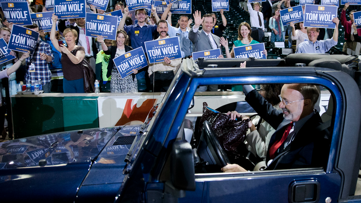  Pennsylvania Democratic gubernatorial nominee Tom Wolf drives away from a primary election night watch party Tuesday in York. Pennsylvania Democrats have chosen Wolf to challenge Republican Gov. Tom Corbett in the fall. (AP Photo/Matt Rourke) 