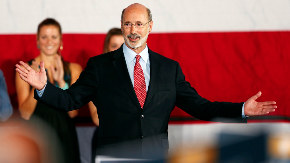   Pennsylvania Democratic Governor-elect Tom Wolf reacts to his defeat of Republican Gov. Tom Corbett in York, Pa. on Tuesday, Nov. 4, 2014. Wolf’s victory came in a $73 million-plus race that broke Pennsylvania’s campaign spending record, and it sent Corbett to a historic defeat as the first governor in modern Pennsylvania political history to lose a re-election bid. (AP Photo/Matt Rourke) 