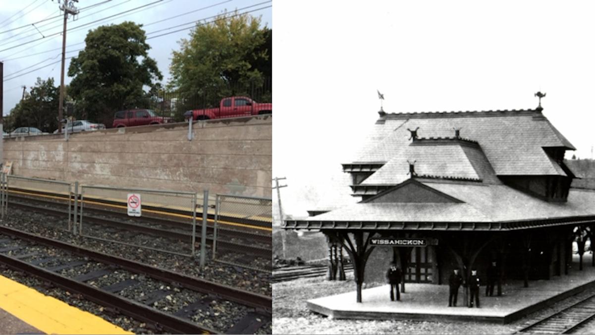  (L-R) The proposed mural's location; the original Wissahickon Station on the Philadelphia and Reading Railroad, designed by Frank Furness and completed in 1882. (Images courtesy of Sara Sequin) 