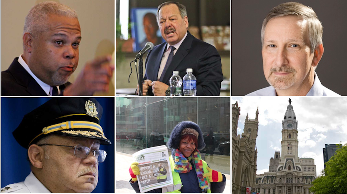  The faces of the quiz answers, with City Hall standing in for a duplicate. (NewsWorks, file art/bottom center via Al Dia)  