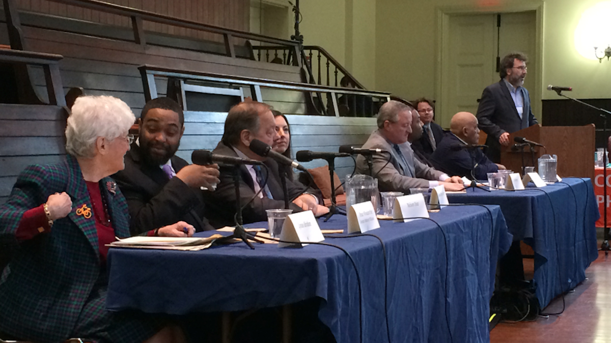  Six mayoral candidates (and one policy director) spoke up at Thursday night's Better Mobility Forum. (Dena Driscoll/for NewsWorks) 