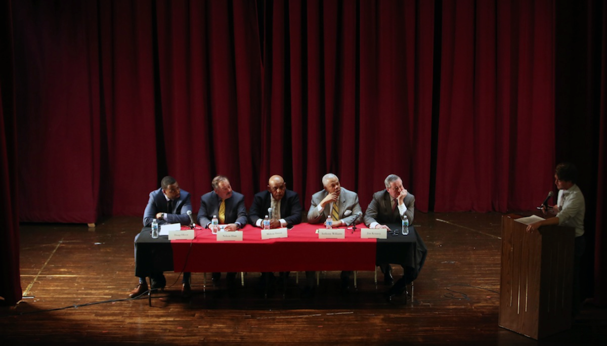  WHYY's Kevin McCorry moderated Tuesday night's mayoral forum in South Philadelphia. (Steph Aaronson/via The Next Mayor partnership) 