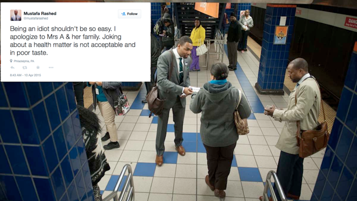  Mayoral candidate Doug Oliver denounced a Tweet sent out by spokesman Mustafa Rashed (right) regarding Lynne Abraham fainting at Tuesday's debate. (Tracie Van Auken/for NewsWorks) 