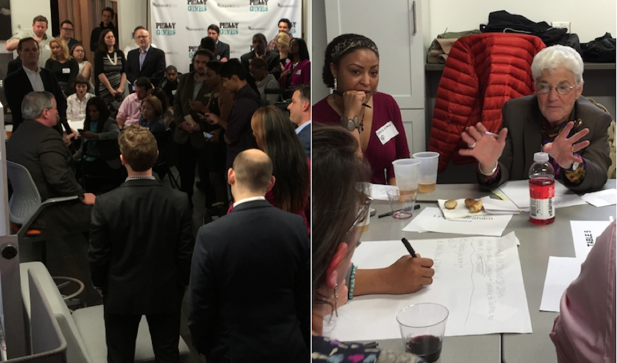  Jim Kenney (left) and Lynne Abraham (right) teamed up with millenials 'to develop unique ideas for Philadelphia's economic growth' on Friday night. (Brian Hickey/WHYY) 