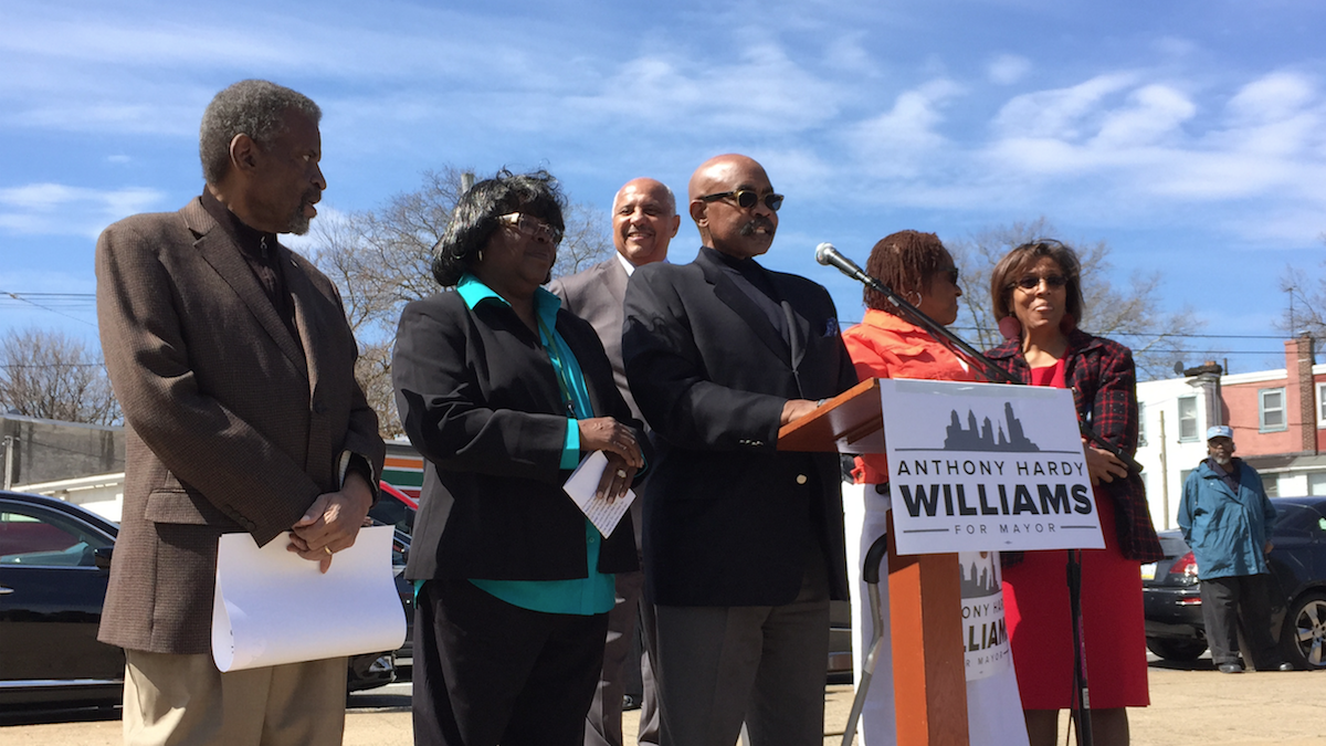  Event organizer William Miller is flanked by former elected officials John Myers, Donna Reed Miller, George Burrell and Leanna Washington at Thursday's Tony Williams endorsement gathering. (Brian Hickey/WHYY) 