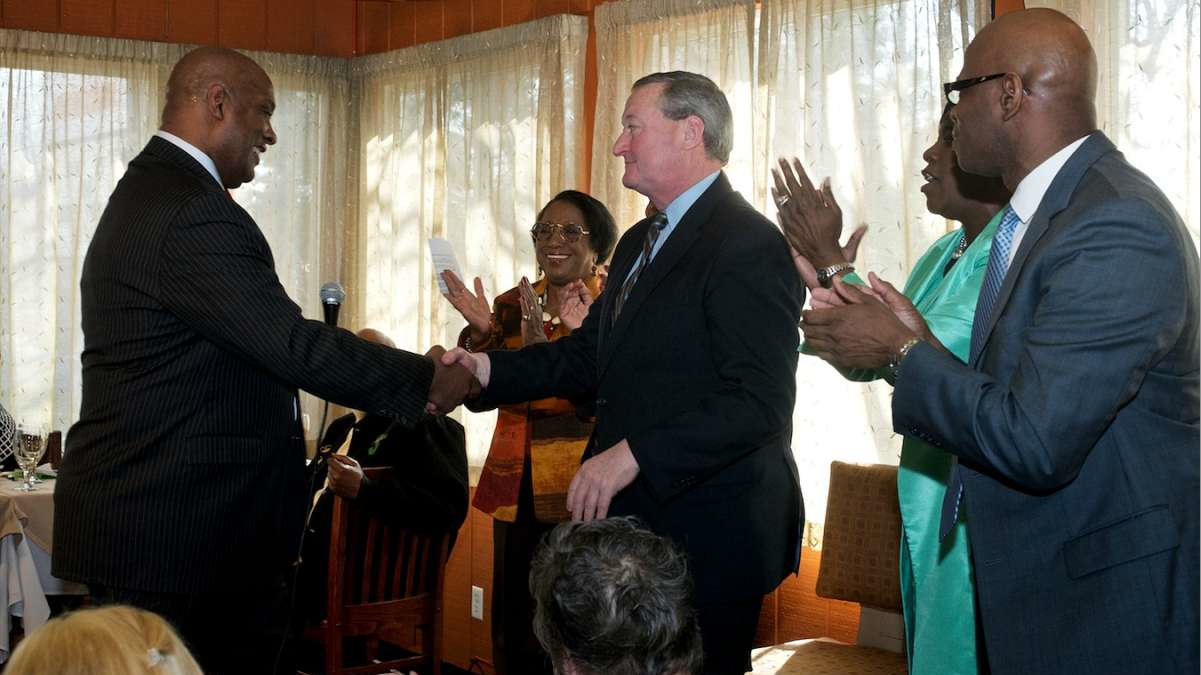 State Rep. Dwight Evans, who ran for mayor eight years ago, shakes Jim Kenney's hand at the April 6 endorsement event in West Oak Lane. (Bastiaan Slabbers/for NewsWorks) 