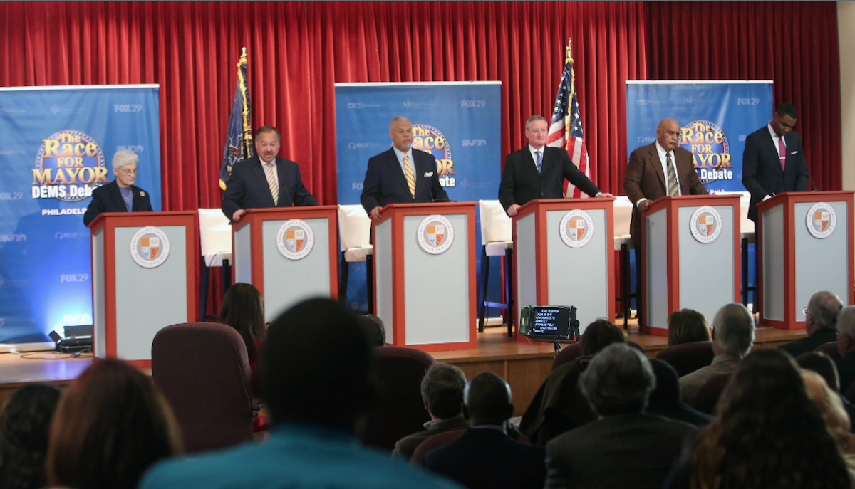  The six Democratic candidates for mayor of Philadelphia on stage for Thursday's Fox29 debate. (Stephanie Aaronson/via The Next Mayor partnership) 
